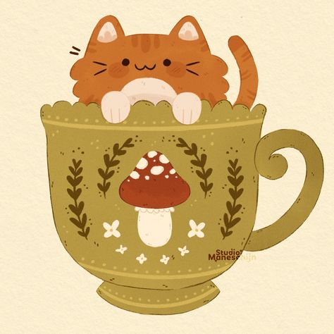 A digital illustration of a ginger cat sitting in a green teacup. The teacup has a mushroom on it and some leaves as decoration Animals Drinking Tea Illustration, Cat In Teacup Drawing, Cute Hedgehog Illustration, Kettle Tattoo, Cup Of Tea Aesthetic, Cup Of Tea Illustration, Orange Cat Illustration, Autumnal Prints, Cozy Prints