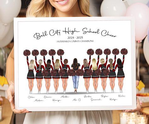 Personalized Cheer picture - a unique cheer gift for team in bulk with a wow-effect that you will remember. This cheerleader print makes an unforgettable cheer team gift, cheerleader gift, cheer team picture and cheerleading gift. ❤ HOW TO ORDER ❤ Enter the following information in the 'Personalization' section: Size: Quote & Tag Line: Font: Background: Uniforms (style & color): Elements (style & color): Poms: Left to right Person 1 Name: Skin Tone: Hair: ------ Person 2 Name: Skin Tone: Hair: E Gift For Cheer Coach, Gifts For Cheer Coaches, Cheer Team Bonding, Cheer Team Pictures Poses, End Of Season Cheer Gifts, Cheerleading Gifts For Team, Coach Gifts Cheer, Senior Cheer Gifts, Cheer Gifts For Team