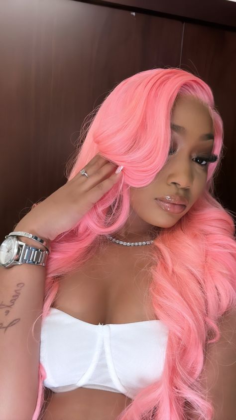 Baby Pink Wigs For Black Women, Pink Wigs For Black Women Dark Skin, Blonde Pink Wig Black Women, Light Pink Wig On Dark Skin, Different Shade Pink Wigs, Frontal Wig Hairstyles, Colored Wigs, Hair Color Pink, Pretty Females