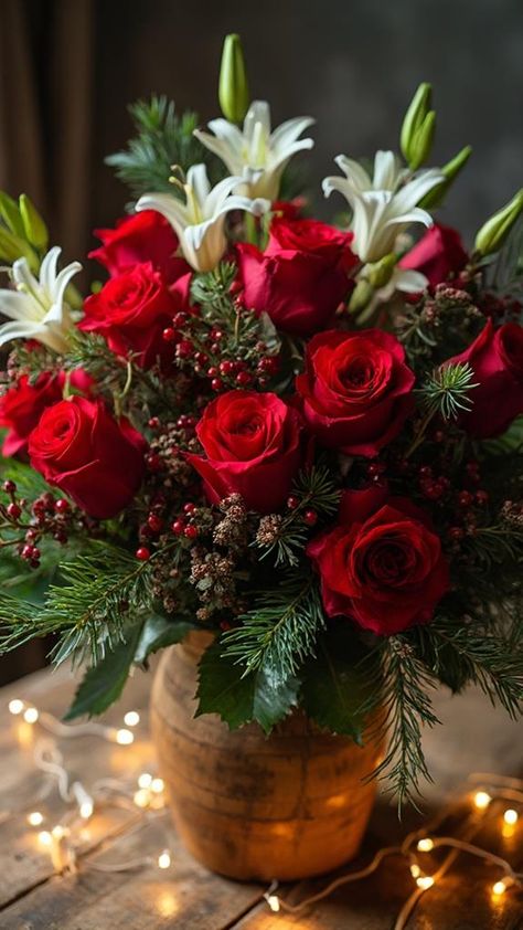 25 Gorgeous Christmas Flower Arrangement Ideas | Sarah Scoop Christmas Altar Flowers, Fresh Christmas Arrangements, Christmas Decorating Without A Tree, Holiday Floral Arrangements Christmas, Holiday Flower Arrangements Christmas, Christmas Flower Ideas, Rustic Christmas Flower Arrangements, Christmas Fresh Flower Arrangements, Pink Christmas Floral Arrangements