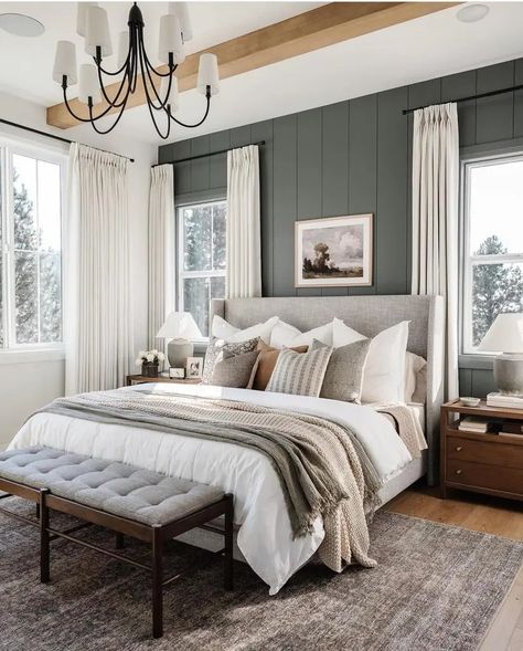 How to Decorate a Green Bedroom - 23 Refreshing Decor Ideas – May the Ray Modern Farmhouse Bedroom Green Accent Wall, Evergreen Fog Bedroom Decor, Small Bedroom Board And Batten, Green And Gray Master Bedrooms Decor, Master Bedrooms Sage Green Accent, Master Bedrooms Decor Dark Green, Olive Green Wall Bedroom Ideas, Grey Headboard Green Walls, Bedding For Sage Green Walls