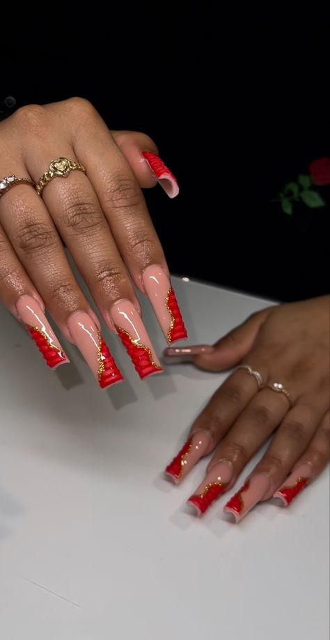 Red Acrylic Nails 2023, Red Freestyle Acrylic Nails, Red Acrylic Toes, Nails Hearts, Red And Gold Nails, Gel Toe Nails, Acrylic Toe Nails, Red Acrylic Nails, Long Acrylic Nail Designs