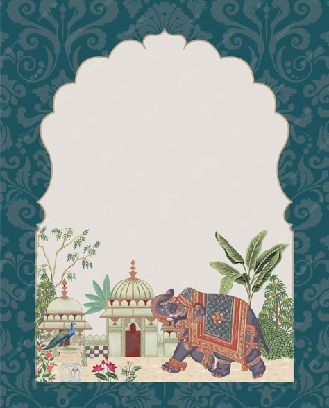 Premium Vector | Traditional mughal garden arch palace with elephant and peacock illustration frame for invitation Mughal Prints Design, Invite Background, Wedding Invite Design, Peacock Illustration, Mughal Garden, Wedding Illustration Card, Wedding Illustrations, Hindu Wedding Invitation Cards, Wedding Card Design Indian