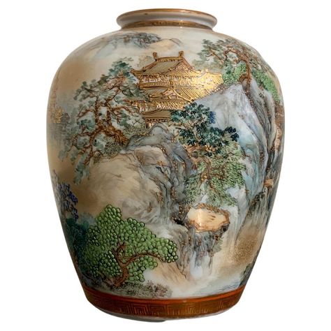 Check out this item from 1stdibs! Japanese Kutani Vase with Landscape, Showa Period, 1930's, Japan: https://www.1stdibs.com/id-f_34932652 Chinoiserie Plates, Translucent Porcelain, Kutani Porcelain, Mountainous Landscape, Asian Vases, Japanese Vase, Showa Era, Verde Lima, Japanese Pottery