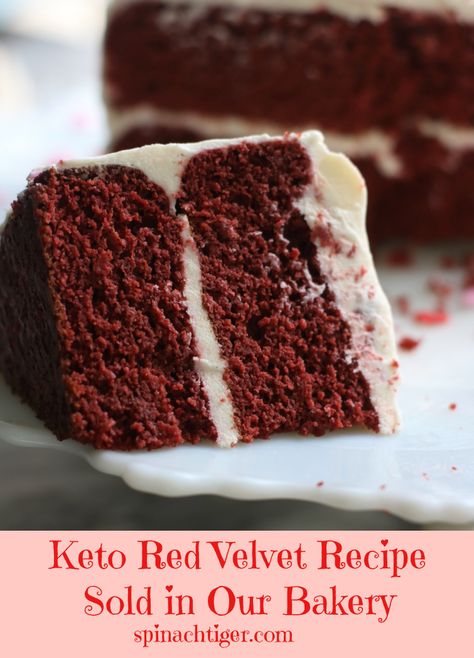 Keto Red Velvet Layer Cake with Cream Cheese Frosting. Sold in our keto bakery, a tried and true grain free, sugar free, low carb red velvet cake. #ketoredvelvet #spinachtiger #redvelvet #glutenfree #almondflour via @angelaroberts Keto Layer Cake, Keto Red Velvet Cake, Carnivore Dessert, Red Velvet Layer Cake, Gluten Free Red Velvet Cake, Keto Bakery, Diet Cake, Keto Cakes, Almond Flour Cakes