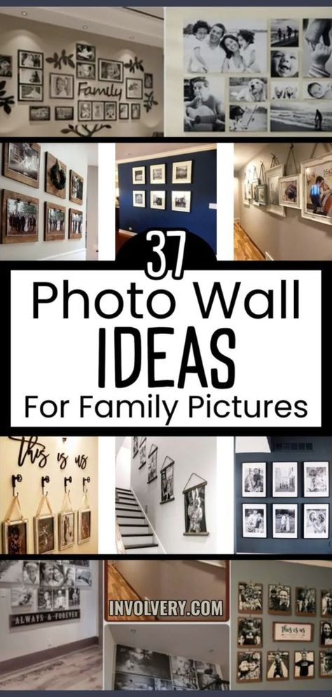 family picture displays with words 37 photo wall ideas for family pictures alt Unique Photo Wall Display, Family Home Wall Decor, Foto Display Ideas, Hallway Family Picture Ideas, Family Art Gallery Wall, Large Picture Frame Ideas Display Photo Collages, Family Pictures Frame, Modern Wall Photo Display, Family Picture Gallery Wall Hallway