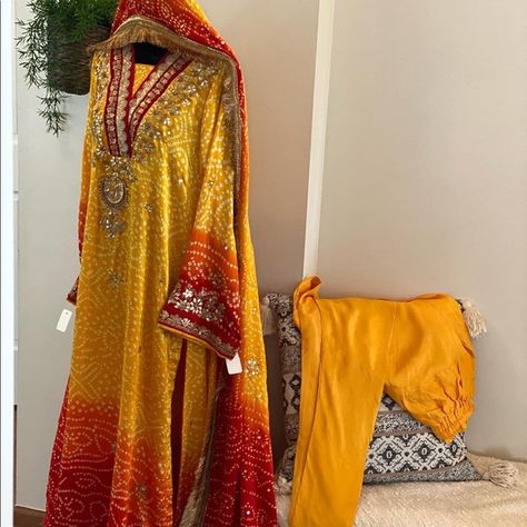 Brand new chunri silk dress , yellow & red with muqash &gota Indian Chunri Dresses, Pakistani Chunri Dresses, Long Shirt With Churidar Pajama, Chunri Suit Design, Chunri Dress Design, Chunri Dresses, Chunri Dress, Churidar Pajama, Haldi Dress