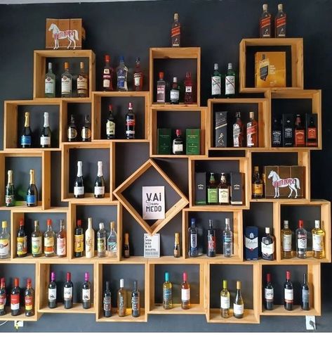 Drinks Shop Design, Bar Shelves Ideas Liquor, Bar Shelves Ideas, Whisky Display, Wine Cabinet Decor, Liquor Shelves, Wall Bar Shelf, Bar Lounge Design, Alcohol Shop