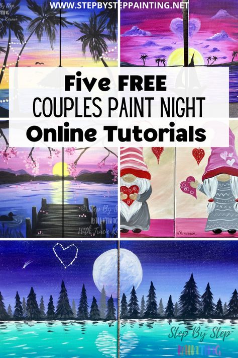 Couples Painting Tutorials - Free Online Paint Night At Home Couples Art Painting Diy, Sip And Paint Ideas Couples At Home, Paint Date Night At Home, Couples Canvas Painting Ideas Easy, Cute Couple Paintings Easy, Canvas Painting Ideas For Couples, Couple Painting Ideas On Canvas, Two Paintings Together, Night Painting Ideas