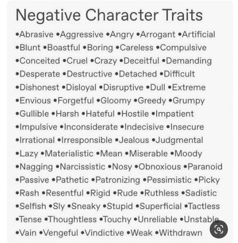 Negative Character, Negative Character Traits, Writing Expressions, Writing Inspiration Tips, Writing Plot, Writing Fantasy, Writing Prompts For Writers, Writing Dialogue Prompts, Creative Writing Tips