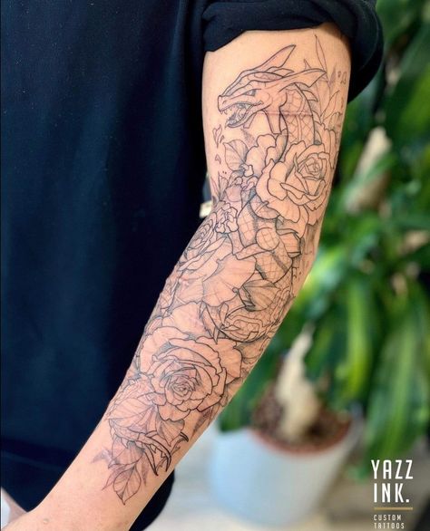 Floral Pokemon tattoo rayquaza dragon design Rayquaza Tattoo, Pokemon Tattoo Design, Rayquaza Pokemon, Pokemon Tattoo, Dragon Design, Tattoo Studio, Tattoos And Piercings, Fortnite, Tatting