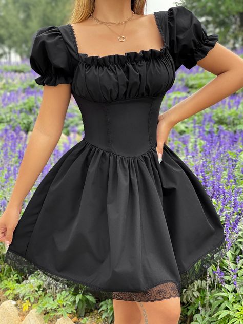 Black Aesthetic Dress, Ruched Bust Dress, Short Flare Dress, Nice Black Dress, Fancy Short Dresses, Bust Dress, Elegant Dresses Short, Cute Black Dress, Puff Dress