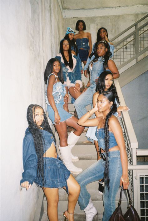 90s Photoshoot Friends, Black Women Group Photoshoot Ideas, Group Denim Photoshoot, Color Coordinated Outfits Friends Black, Group Photoshoot Black Women, 90s Best Friend Photoshoot, All Black Group Photoshoot, Friend Photoshoot Outfit Ideas, Denim Photography Photo Shoots