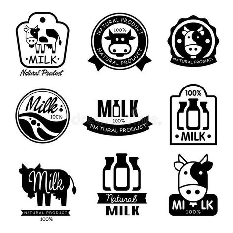 Milk and Dairy Monochrome Labels. Vector royalty free illustration Dairy Products Logo, Product Logo, Dairy Farm, Wolf Wallpaper, Blue Abstract Art, Dairy Products, Free Illustration, Flat Style, Design Milk