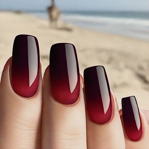 Gothic Beach Ombre Nail Design | NailDesignsAI Red And Black Nails For Halloween, Ombre Red Black Nails, Black And Pink Ombre Nail Designs, Halloween Ombré Nails, Red And Black Ombre Nails Coffin, Black And Red Ombre Nails, Red And Black Ombre Nails, Gothic Beach, Dark Red Ombre