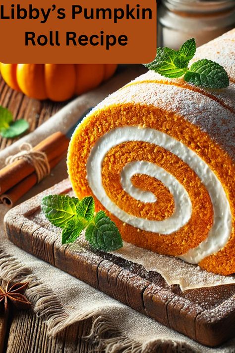 Libby’s Pumpkin Roll is a classic fall dessert that combines the warm, spiced flavors of pumpkin with a rich cream cheese filling. #pumpkin  #pumpkinroll #libbyspumpkin Diy Pumpkin Roll, Pumpkin Roll With Real Pumpkin, Taste Of Home Pumpkin Roll, Libbys Pumpkin Roll With Cream Cheese Filling, Pumpkin Pie Roll Ups, Pumpkin Log Roll Recipe, Libby Pumpkin Roll Recipe, Pumpkin Roll With Cream Cheese Filling Easy, Libbys Pumpkin Roll Recipe