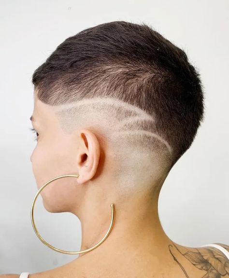 The 50 Coolest Shaved Hairstyles for Women - Hair Adviser Buzz Cut With Fade Women, Undershave Designs, Side Shave Design, Shaved Side Haircut, Undercut Ideas, Shave Designs, Hair Tattoo Designs, Side Haircut, Shaved Head Designs