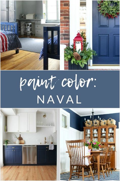 Come see why Sherwin Williams Naval is one of my favorite navy paint colors for just about any project or space in your home! Naval Sherwin Williams Front Door, Sw Naval Paint Color Palettes, Sherwin Williams Naval Color Palette, Naval Sherwin Williams, Sherwin Williams Naval, Indigo Interior, Navy Paint Colors, 1910 House, Moody Rooms