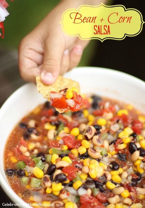 Bean & Corn Salsa 1 can black-eyed peas  drained & rinsed 1 can black beans  drained & rinsed 1 can yellow corn  drained 1/2 cup chopped onion 1/2 cup chopped green pepper 1/4 to 1/2 cup finely chopped jalapenos 1 can petite diced tomatoes  do not drain 1/2 teaspoon garlic salt 1  8oz. bottle Italian salad dressing Mix & refrigerate over night. Bean Corn Salsa, Corn Bean Salsa, Corn Salsa Recipe, Can Black Beans, Salsa Guacamole, Festive Food, Italian Salad Dressing, Yellow Corn, Salsa Dip