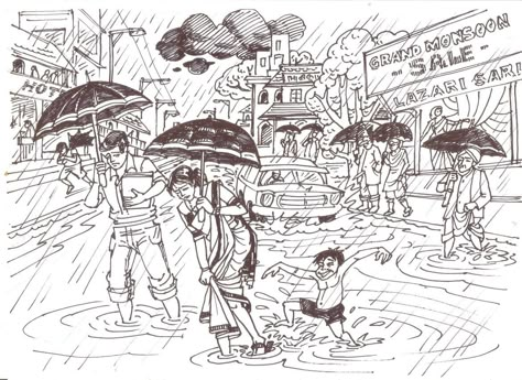 Rain Memory Drawing, Sequential Drawing Nift, Rainy Day Composition Drawing, Nid Sketches, Painted Mirror Art, Memory Drawing, Buddha Painting Canvas, Composition Drawing, Human Sketch