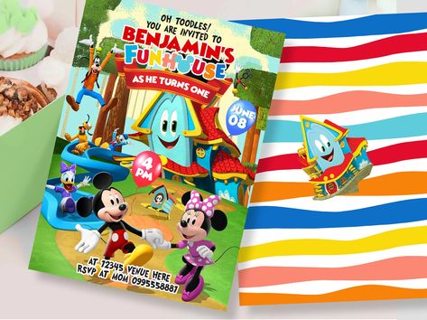 Mickey Mouse Fun House, House Party Ideas, Fun House, Mickey Y Minnie, Baby Birthday Party, Some Text, First Bday, Digital Invitation, Types Of Printer