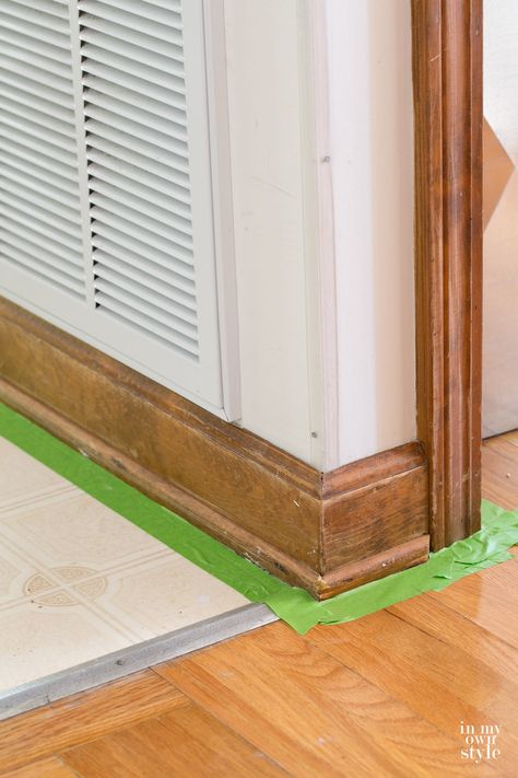 home-painting-tips for stained trim molding and baseboards Old Baseboards And Trim, Tan Molding And Trim, Brown Baseboards And Trim, Brown Baseboards, Painted Baseboards And Trim, Stained Baseboards And Trim, Baseboards And Trim, Dark Baseboards, Wood Trim Walls