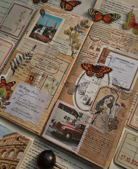 Scrapbook Journal Inspiration, Collage Pages Art Journaling, Sticker Collage Ideas Art Journals, Vintage Art Journal Pages Ideas, Goth Journal Ideas, Art Journal Spreads, Scrapbook Junk Journal, Junk Journaling Aesthetic, Scrapbook Spread Ideas