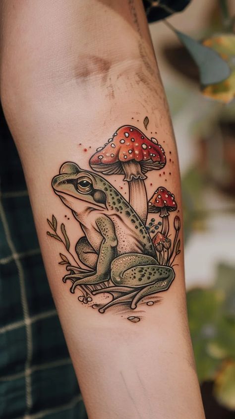 Bullfrog Tattoo Ideas, Black And Grey Frog Tattoo, Fairy Cottage Tattoo, Animal Fairy Tattoo, Bullfrog Tattoo, Frog Mushroom Tattoo, Fairy Core Tattoos, Toadstool Tattoo, Cottage Core Tattoos