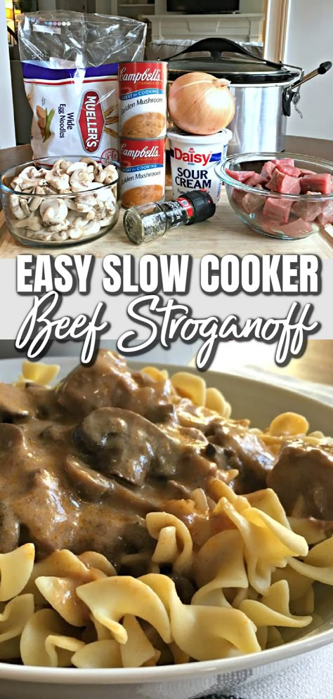 This is a two photo collage. The top photo shows the ingredients to make the beef stroganoff on a cutting board. The bottom photo shows beef stroganoff served over egg noodles in a white bowl. Slow Cooker Creamy Beef Stroganoff, Dump And Go Crockpot Beef Stroganoff, Recipes Using Stew Meat Slow Cooker, Easy Crock Pot Beef Stroganoff, Crockpot Meals From Frozen Meat, Beef Stroganoff Easy Crock Pots, Beef Stew Crock Pot Recipes Easy Simple, Slow Cooker Beef Stew Meat Recipes, Easy Beef Stroganoff Recipe