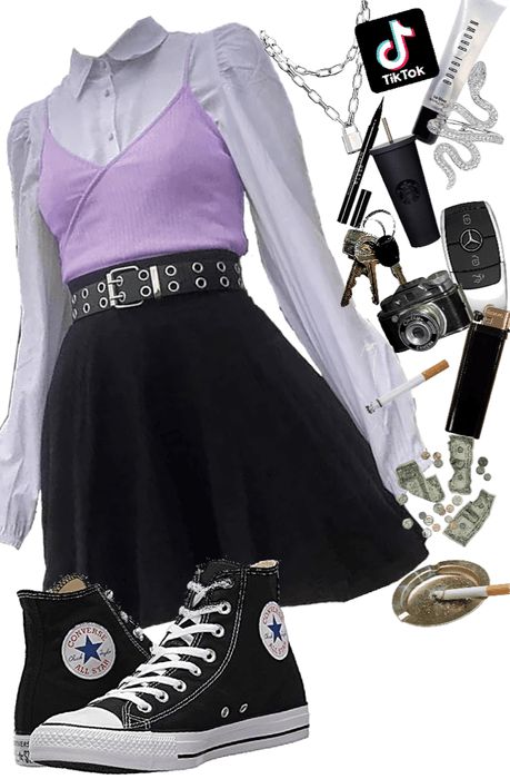 Asexual Outfit Aesthetic, Egirl Skirt Outfits Ideas, Cute Edgy Outfits Girly, Pastel Goth Clothing, Soft E Girl Outfits, Aphmau Aesthetic, Egirl Summer Outfits, Edgy Summer Outfits Soft Grunge, Cute Purple Outfits