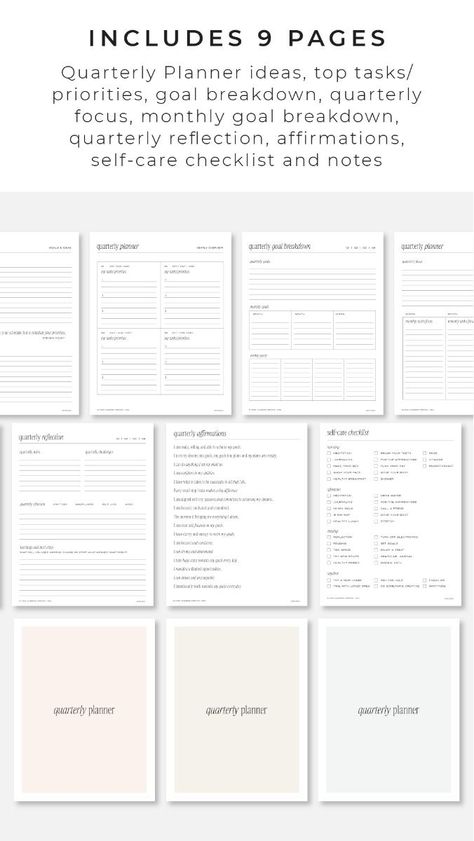 Quarterly Planner Template, Digital Planner, Printable Planner, Minimal Planner Design instagramplanner #groceryplanner #travelplannertemplate #todolistplanner🎆 Quarterly Reflection, Goal Breakdown, Quotes For Creatives, Challenge Self Care, 30 Day Self Care Challenge, Baby Shower Planner, Weekly Tasks, Quarterly Planner, Planner Minimal