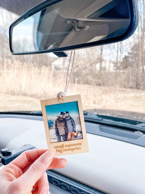 A personalized photo hanging car charm diffuser with your favorite photo memory making it a one of a kind gift for yourself or a loved ones. They make great teacher gifts, student gifts, Christmas gifts, stocking stuffers, wedding gifts and so much more! ⟡ To use, simply add essential oils or a fragrance oil directly to the white lava stone located at the top of the charm. Slip and attach to your rear view mirror and breathe in that calming scent and feel cute as heck. Reapply oil to bead when s Gifts For Her Car, Car Mirror Ornaments, Personalized Laser Engraved Gifts, Student Gifts Christmas, Car Polaroid, Wood Photo Frame Design, Glow Projects, Car Hanging Accessories, Photo Hanging