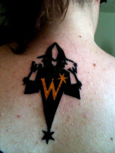 Done by: Big Myk at Da Kandy Shop @ arlington, tx “Weasley Wizard Wheezes” tattoo. Weasley Twins Tattoo, Weasley Tattoo, Twins Tattoo, Weasley Wizard Wheezes, Wizard Wheezes, Twin Tattoos, Hp Tattoo, Harry Potter Tattoos, Harry Potter Tattoo