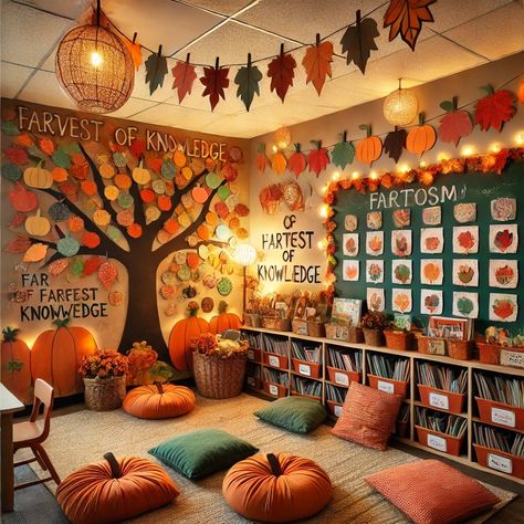 Fall In The Classroom, Teacher Fall Classroom Decor, Preschool Cubby Decorating Ideas, Thanksgiving Playroom Decor, Teacher Decorations Classroom Setup, In Home Classroom Set Up, Fall School Decorating Ideas, Fall Themed School Hallway, Classroom Fall Decor Ideas