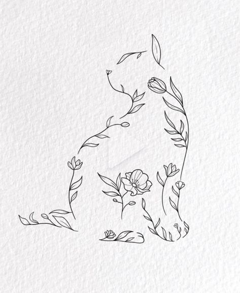 Dog Outline Tattoo With Flowers, Busy Mind Tattoo, Tattoo Design Ideas Sketches, Cat Tattoo Ideas Memorial, Cute Small Cat Tattoos, Linework Tattoo Design Simple, Cat Tattoo Memorial, Veterinary Tattoo, Tattoo Ideas Line