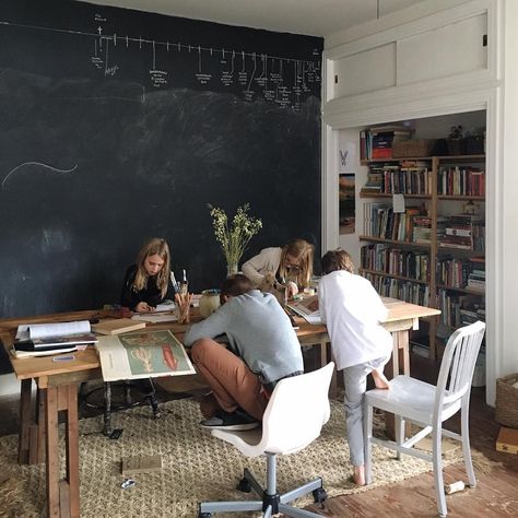 It always feels so good to have a little routine again: a blank chalkboard wall, fresh books, and stacks of art paper waiting to be filled. It's a gift to spend my days with them. Blank Chalkboard, Homeschool Room Design, Routine School, Study Room Design, Homeschool Classroom, Chalkboard Wall, School Room, Learning Spaces, Study Room