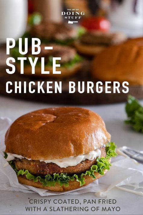 Ground Chicken Burgers, Chicken Chips, Chicken Hamburger, Crispy Chicken Burgers, Fried Chicken Burger, Chicken Burgers Recipe, Chicken And Chips, Brioche Bun, Pan Fried Chicken