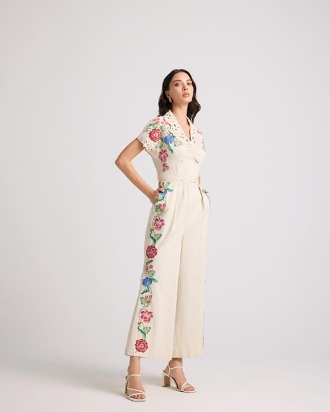 IVORY FLORAL APPLIQUE AND BEADWORK JUMPSUIT Instagram Photo Inspiration, Floral Applique, Modern Elegance, Photo Inspiration, Indian Fashion, Hibiscus, Bead Work, Jacket Dress, Ready To Wear