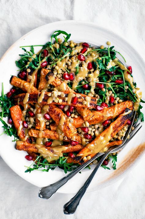 Spicy Roasted Carrots with Tahini Lentil Salad | Occasionally Eggs Roasted Carrot Salad, Salad With Tahini Dressing, Salad Jars, Meat And Veggies, Pumpkin Salad, Roasted Carrot, Roasted Root Vegetables, Lentil Salad, Carrot Salad