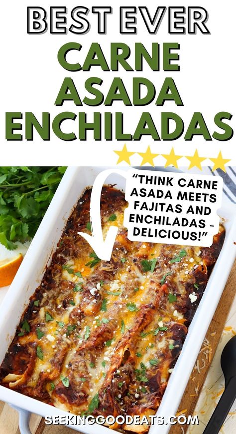 Carne Enchiladas are unique and tasty - carne asada meets fajitas and enchiladas! This Mexican recipe is flavor-packed with caramelized onions and peppers with chipotle-rubbed flank steak and melted Mexican cheeses wrapped in a corn tortilla (flour may also be used) and smothered in our bold red enchilada sauce. The whole family will love this dinner recipe. A make-ahead casserole recipe that's freezable! Instructions for adapting to a low carb and keto recipe are provided. Beef Enchiladas With Red Sauce Authentic, Carne Asada Enchiladas Recipe, Steak Enchiladas Recipe, Carne Asada Enchiladas, Dinner Reciepes, Steak Enchiladas, Enchiladas Beef, Mexican Enchiladas, Carne Asada Recipes