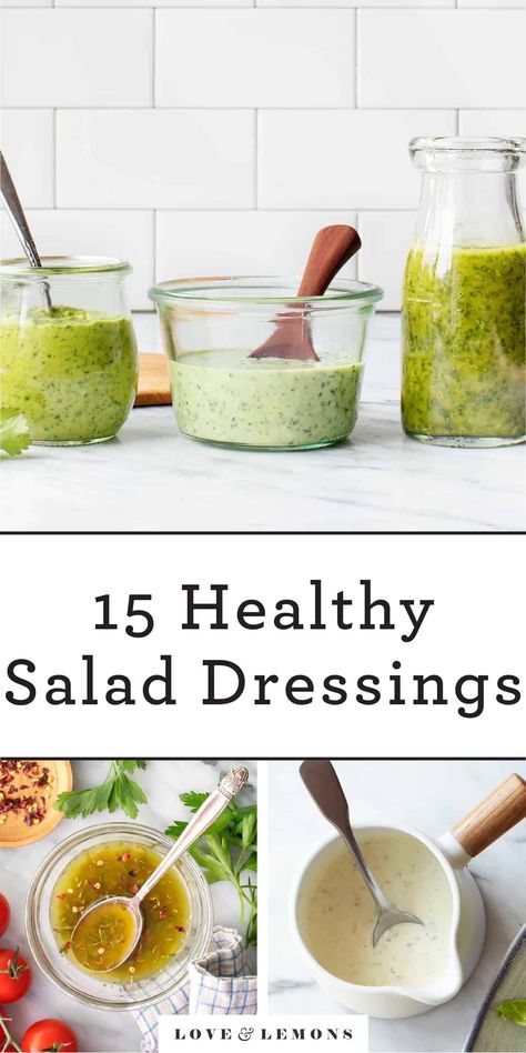 Instead of reaching for a bottle of store-bought salad dressing, make one of these healthy salad dressing recipes at home! They're all quick and easy to make, and they include favorites like Honey Mustard Dressing, Greek Dressing, and more. Easy Homemade Salad, Healthy Salad Dressings, Healthy Salad Dressing Recipes, Homemade Salad Dressing Recipes, Easy Homemade Salad Dressing, Homemade Salad Dressing Healthy, Wheat Berry Salad, Zesty Salad, Vegan Ranch Dressing