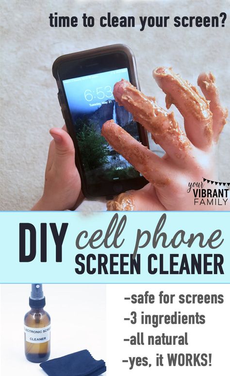 It's CRAZY how many germs live on our cell phones, tables and other electronic devices! Here's an amazingly easy-to-make DIY cell phone screen cleaner that removes oily smudges, crusty parts and (best of all) ALL THOSE GERMS! All natural cleaner recipe with only three ingredients! You'll want to make a bottle for everyone in your home! All Natural Cleaner, Natural Cleaner, All Natural Cleaners, Cleaning Screens, Screen Cleaner, Clean Phone, Cleaner Recipes, Cell Phone Screen, Natural Parenting