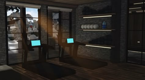 Movie Room Bloxburg Ideas, One Floor House Layout Bloxburg, Outside Bar Bloxburg, Bloxburg Dark Kitchen, Gym Build Bloxburg, Garage Idea Bloxburg, Dark Bloxburg Kitchen, Bloxburg Dark Modern House Layout, Bloxburg Fitness Room