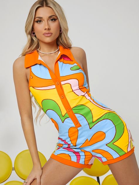 70s Romper Outfit, 70s Party Outfit, Vacay Fits, 70's Party, Funky Prints, Colorful Romper, Trendy Romper, Fun Outfits, 70s Inspired Fashion