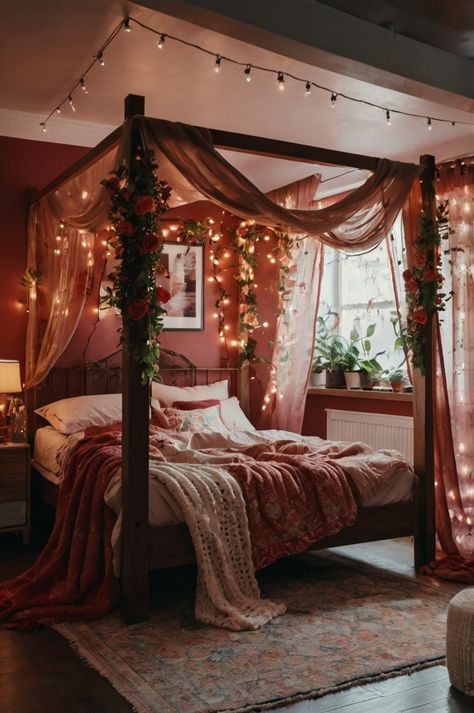 Red Bedroom Decor Ideas - Small Home Decor Purple And Red Bedroom Ideas, Red Boho Bedroom Ideas, Red Bedroom Ideas For Couples, Maroon Room Ideas, Red Rooms Bedroom, Bedroom Red Aesthetic, Romantic Red Bedroom, Red Bedroom Ideas For Boys, Boys Red Bedroom