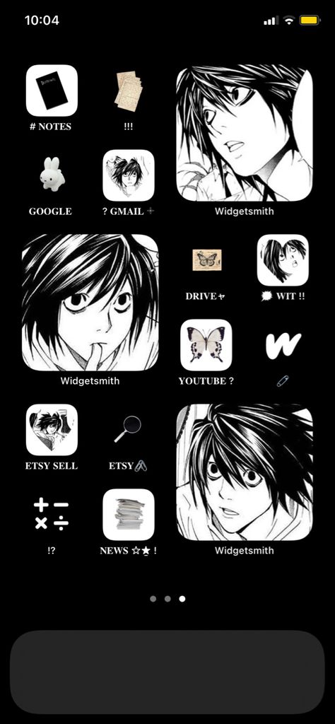 Dark Phone Layout, Phone Theme Ideas Dark, Notes Icons Aesthetic, L Deathnote, Anime Layouts, Phone Layouts, Ios Homescreen, L Lawliet, Phone Ideas