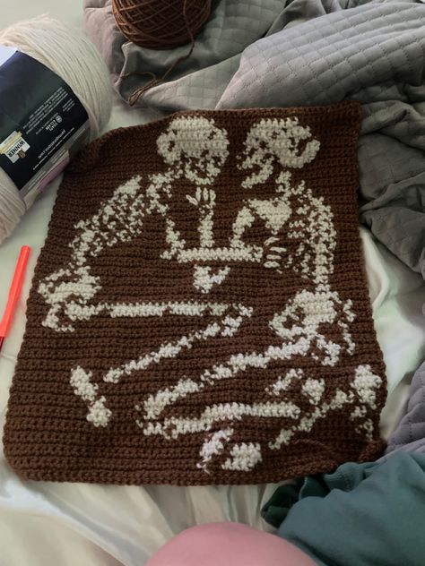 Skeleton Jumper Crochet, Skeleton Tapestry Crochet, Crochet Wall Tapestry Pattern, Crochet Wall Decor Aesthetic, Crochet Dark Aesthetic, Dark Academia Crochet Decor, Tapestry Crochet Aesthetic, Crochet Skeleton Sweater, Skeleton Alpha Pattern