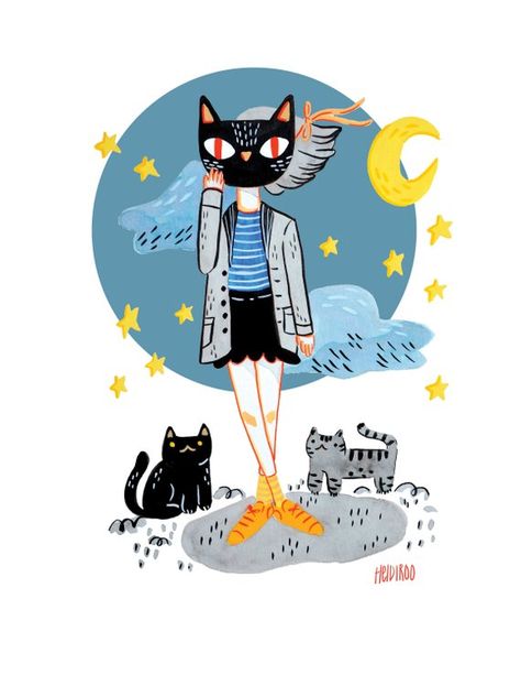 Night Cats art print | cat girl art print | cat person art print | night art print | illustration ar Cat Person Art, Sebastian Drawing, Cat Girl Art, Person Art, Cat Women, Positive Art, Print Illustration, Cat Art Print, Cats Art