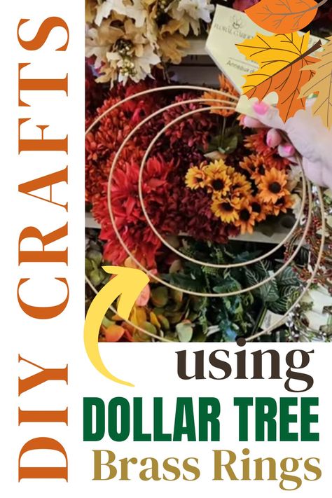 DIY Crafts for Fall using Dollar Tree Brass Rings. Fall decor ideas. Fall DIY Crafts 3 Ring Wreath Diy, Dollar Tree Brass Wreath Rings, Crafts With Metal Rings, Brass Wreath Ring Diy, Metal Ring Crafts Ideas, Fall Hoop Wreath Diy, Metal Hoop Crafts, Wreath Ring Ideas, Dollar Tree Wreaths Diy