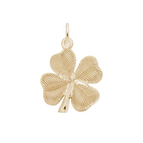 Online Exclusive! This fantastic charm by Rembrandt features a four leaf clover design fashioned from 14 karat yellow gold. Add this lucky charm to your favorite charm bracelet to celebrate what is most special to you! Charm measures 19mm long by 20mm wide. Gold Four Leaf Clover, Four Leaf Clover Charm, Wedding Day Jewelry, Jewelry Charms Pendants, Clover Charm, Irish Heritage, Four Leaves, Metal Shop, Four Leaf